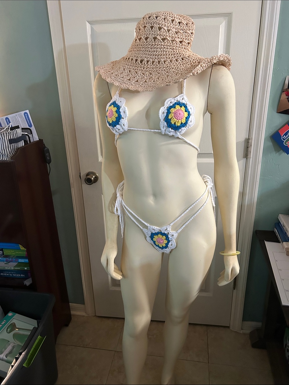 SHEIN White Crochet Floral Thong Bikini with Blue and Yellow Accents